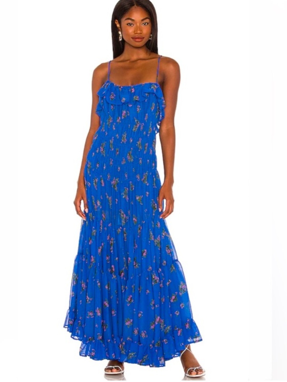 Free People Womens Size S Cloud Nine Blue Floral Maxi Dress Ruffles Low Back